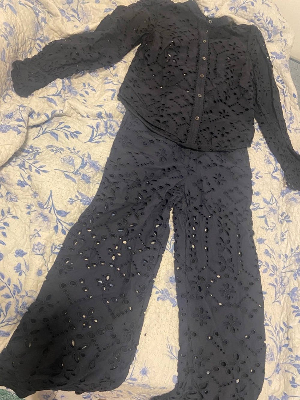 Veronica Beard Black Eyelet Wide-Leg Pants with Button-Front Top